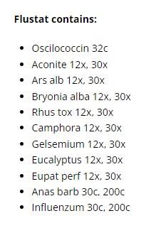 Supplement facts for Flustat Spray 20ml listing ingredients including Boneset, Cinnamomum camphora, Eucalyptus Oil, White Bryony