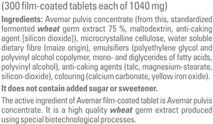 Supplement facts for Avemar Tablets listing ingredients including Wheat germ
