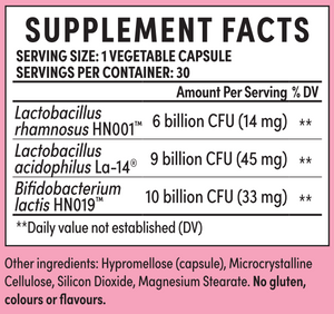 Supplement facts for V Good Probiotics listing ingredients including Bifidobacterium, Bifidobacterium animalis subsp. lactis HN019, Bifidobacterium lactis, Bifidobacterium lactis HN019, Lactobacillus acidophilus LA14