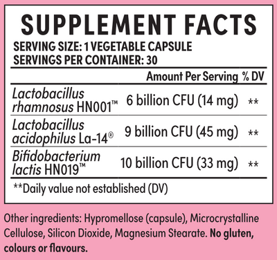 Supplement facts for V Good Probiotics listing ingredients including Bifidobacterium, Bifidobacterium animalis subsp. lactis HN019, Bifidobacterium lactis, Bifidobacterium lactis HN019, Lactobacillus acidophilus LA14