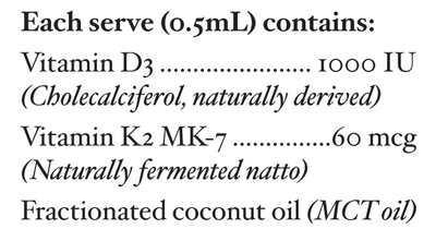 Supplement facts for Vit D Restore Liquid listing ingredients including Cholecalciferol, Coconut oil, Mct oil, Natto, Vitamin D3