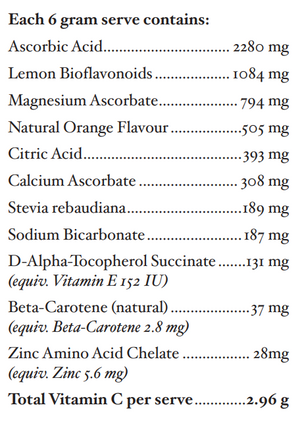 Text listing the ingredients including Ascorbic acid, Lemon Bioflavonoids, Magnesium ascorbate, Natural orange flavour, Citric acid, calcium ascorbate, stevia rebaudiana, sodium bicarbonate, d-alpha-tocopherol succinate, beta-carotene, zinc amino acid chelate.