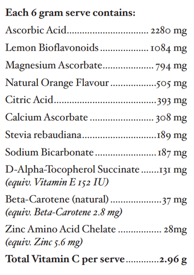 Text listing the ingredients including Ascorbic acid, Lemon Bioflavonoids, Magnesium ascorbate, Natural orange flavour, Citric acid, calcium ascorbate, stevia rebaudiana, sodium bicarbonate, d-alpha-tocopherol succinate, beta-carotene, zinc amino acid chelate.