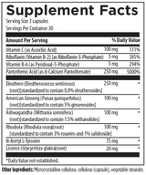 Text listing the ingredients including Vitamin C, Riboflavin, Vitamin B2, Riboflavin-5-Phosphate, Vitamin b6, P5p, Pyridoxal-5-Phosphate, Pantothenic acid, D-calcium Pantothenate, Eleuthero, Eleutherorcoccus senticosus, American Ginseng, Panax quinquefolius, Ashwagandha, Withania Somnifera, Rhodiola, Rhodiola Rosea, N-Acetyl L-Tyrosine, Licorice, Glycyrrhiza Glabra