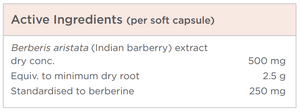 Text listing the ingredients including Berberis aristata(indian barberry), Berberine, minimum dry root, standardised to berberine