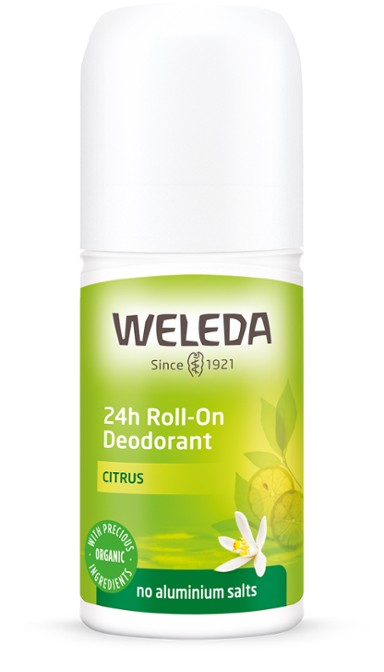 A supplement container of Citrus 24hr Roll-On Deodorant by Weleda