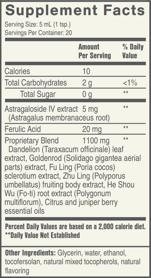 Supplement facts for Kidney Care listing ingredients including Astragalus, Dandelion, Fo-Ti, Fu Ling, Goldenrod