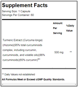 Supplement facts for CurcuPlex-95™ 60 Capsules listing ingredients including Curcuma Longa, Curcumin, Curcuminoid Powder, Turmeric (Curcuma longa)