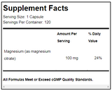 Supplement facts for Magnesium Citrate 120 Capsules listing ingredients including Magnesium citrate