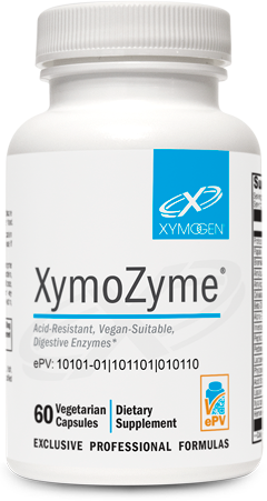 A supplement container of XymoZyme® 60 Capsules by Xymogen