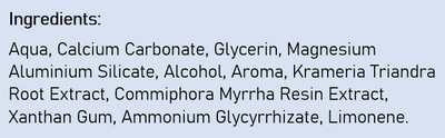Supplement facts for Ratanhia Toothpaste listing ingredients including Calcium, Calcium Carbonate, Calcium carbonate, Cetyl Alcohol, Commiphora myrrha