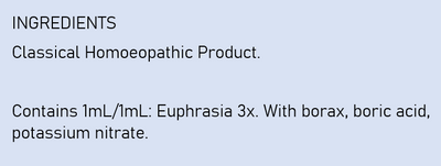 Supplement facts for Euphrasia 3x Eyedrops listing ingredients including Borax, Boric Acid, Potassium