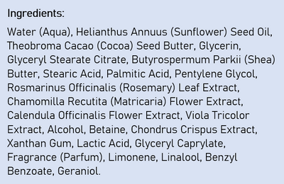 Supplement facts for Skin Food Body Butter listing ingredients including Althaea officinalis, Betaine HCI, Cacao, Calendula Extract, Caprylic acid