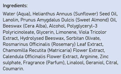 Supplement facts for Skin Food 75mL listing ingredients including Althaea officinalis, Arginine, Beeswax, Calendula Extract, Cetyl Alcohol