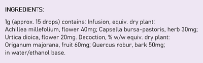 Supplement facts for Menodoron, 100ml listing ingredients including Marjoram Oil, Nettle extract, Shepherd's Purse, Shepherd’s Purse, Urtica Urens