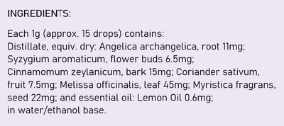 Supplement facts for Melissa Comp. listing ingredients including Angelica Sinensis, Angelica sinensis, Cinnamomum cassia, Cinnamomum zeylanicum, Cinnamon