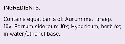 Supplement facts for Hypericum / Aurum Comp. - 100ml listing ingredients including Aurum Metallicum, Hypericum, St. John's wort