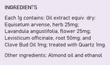Supplement facts for Earache Relief Ear Drops listing ingredients including Angustifolia, Clove Bud Oil, Equisetum, Ethanol, Horsetail