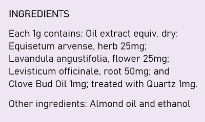 Supplement facts for Earache Relief Ear Drops listing ingredients including Angustifolia, Clove Bud Oil, Equisetum, Ethanol, Horsetail