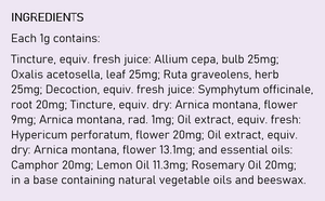 Supplement facts for Tendinitis Cream listing ingredients including Arnica montana, Beeswax, Cinnamomum Camphora, Comfrey (Symphytum Officinale), Comfrey Root