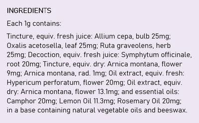 Supplement facts for Tendinitis Cream listing ingredients including Arnica montana, Beeswax, Cinnamomum Camphora, Comfrey (Symphytum Officinale), Comfrey Root