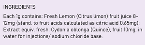 Supplement facts for Gencydo Hayfever Nasal Spray listing ingredients including Citric Acid, Lemon Extract