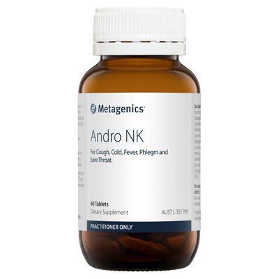 A supplement bottle with the name Andro NK by Metagenics