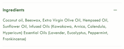 Supplement facts for Muscle & Joint Care listing ingredients including Arnica montana, Beeswax, Calendula Extract, Coconut Oil, Eucalyptus Oil