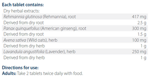 Text listing the ingredients including Rehmannia glutinosa, Rehmannia, Pana quinquefolius, American ginseng, Avena sativa, Wild oats, Lavandula angustifolia, Lavender.