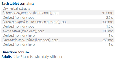 Text listing the ingredients including Rehmannia glutinosa, Rehmannia, Pana quinquefolius, American ginseng, Avena sativa, Wild oats, Lavandula angustifolia, Lavender.