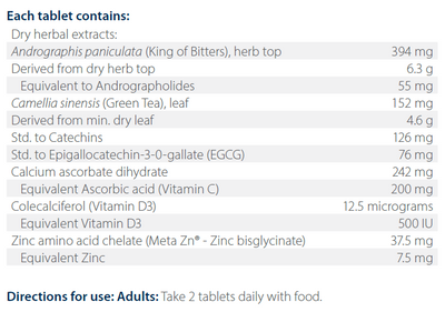 Text listing the ingredients including Andrographis paniculata, king of bitters, Camellia sinensis, Green Tea, Calcium ascorbate dihydrate, Vitamin C, Colecaliferol, Vitamin D, D3, Zinc bisglycinate