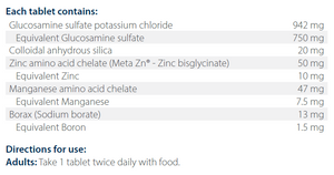Text listing the ingredients including Glucosamine sulfate potassium chloride, Colloidal anhydrous silica, Zinc bisglycinate, Manganese cheate, Borax, boron