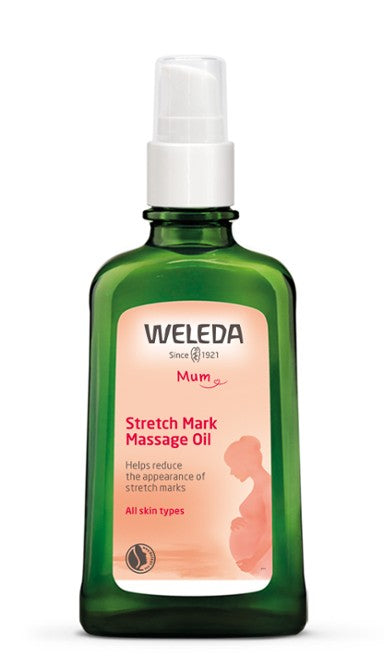 A supplement container of Stretch Mark Massage Oil by Weleda