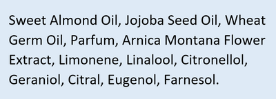 Supplement facts for Stretch Mark Massage Oil listing ingredients including Arnica montana, Eugenol, Limonene, Linalool, Sweet Almond Oil