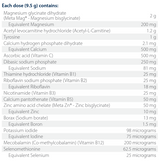 Text listing the ingredients including Mangesium glycinate dihydrate, Acetyl Levocarnitine hydrochloride. Acetyl-L-Carnitine, Tyrosine, Calcium hydrogen phosphate dihydrate, Ascorbic acid, Vitamin C, Dibasic sodium phosphate, Thiamine hydrochloride, vitamin b1. Riboflavin sodium phosphate, vitamin b2, Nicotinamide, Vitamin b3, Calcium pantothenate, vitamin b5,  Zinc amino acid chelate. Zinc bisglycinate, Borax, Sodium borate, Potassium iodide, Mecobalamin, Vitamin b12, Selenomethionine, selenium