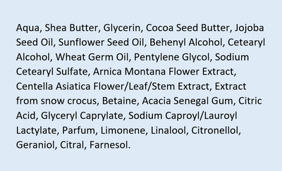 Supplement facts for Stretch Mark Body Butter listing ingredients including Acacia, Arnica montana, Betaine HCI, Caprylic acid, Centella Asiatica Gotu Kola