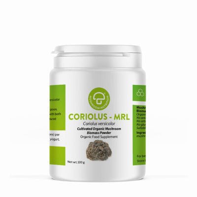A supplement container of Coriolus-MRL™ by Mycology Research Laboratories