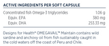 Supplement facts for OmegAvail Maintain 180 caps listing ingredients including DHA, EPA, Eicosapentaenoic acid, Fish Oil, Omega 3