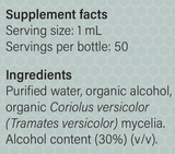 Supplement facts for Coriolus-MRL-X listing ingredients including Turkey tail mushroom (Trametes versicolor)