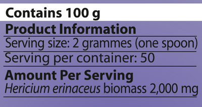 Supplement facts for Hericium-MRL™ listing ingredients including Hericium, Lion's Mane