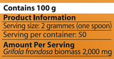 Supplement facts for Maitake-MRL ™ 100g listing ingredients including Grifola frondosa