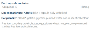 Supplement facts for Bio Q-Absorb Ubiquinol listing ingredients including Coenzyme Q10 (ubiquinol)