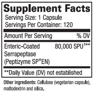 Ingredients: Serrapeptase (Peptizyme SP EN), Maltodextrin, Silica.