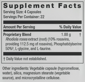 Supplement facts for Calm PRT listing ingredients including Glycine (L-Glycine), Phosphatidylserine, Rhodiola (Rhodiola rosea), Rosavins, Taurine (L-Taurine)