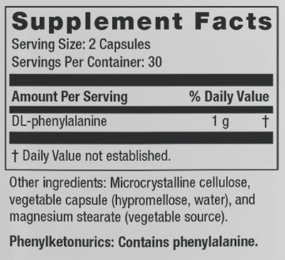 Supplement facts for Focus DL listing ingredients including DL-Phenylalanine