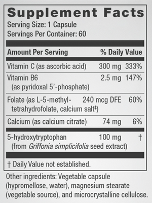 Supplement facts for Serene listing ingredients including 5-HTP, Ascorbic Acid, Calcium citrate, Folate, L5MTHFR