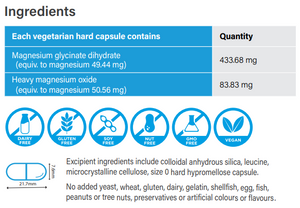 Supplement facts for Buffered Magnesium Glycinate listing ingredients including Magnesium glycinate, Magnesium oxide