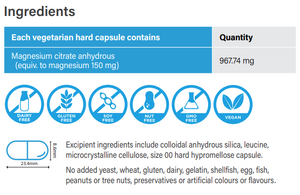Supplement facts for Magnesium Citrate 120c listing ingredients including Magnesium citrate