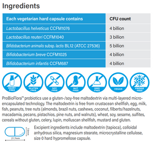 Supplement facts for ProBioFlora MicroBiota 60 caps listing ingredients including Alpha Lipoic Acid, Bifidobacterium, Bifidobacterium animalis ssp. lactis, Bifidobacterium breve, Bifidobacterium infantis