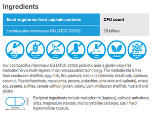 Supplement facts for ProBioFlora GG 60 caps listing ingredients including Lactobacillus rhamnosus, Lactobacillus rhamnosus GG (ATCC 53103)